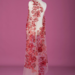 Pomegranate-red Tulle with floral embroidery