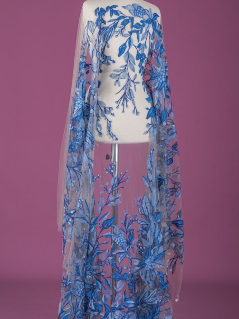 22-3279 Tulle with soft blue floral embroidery - Image 1