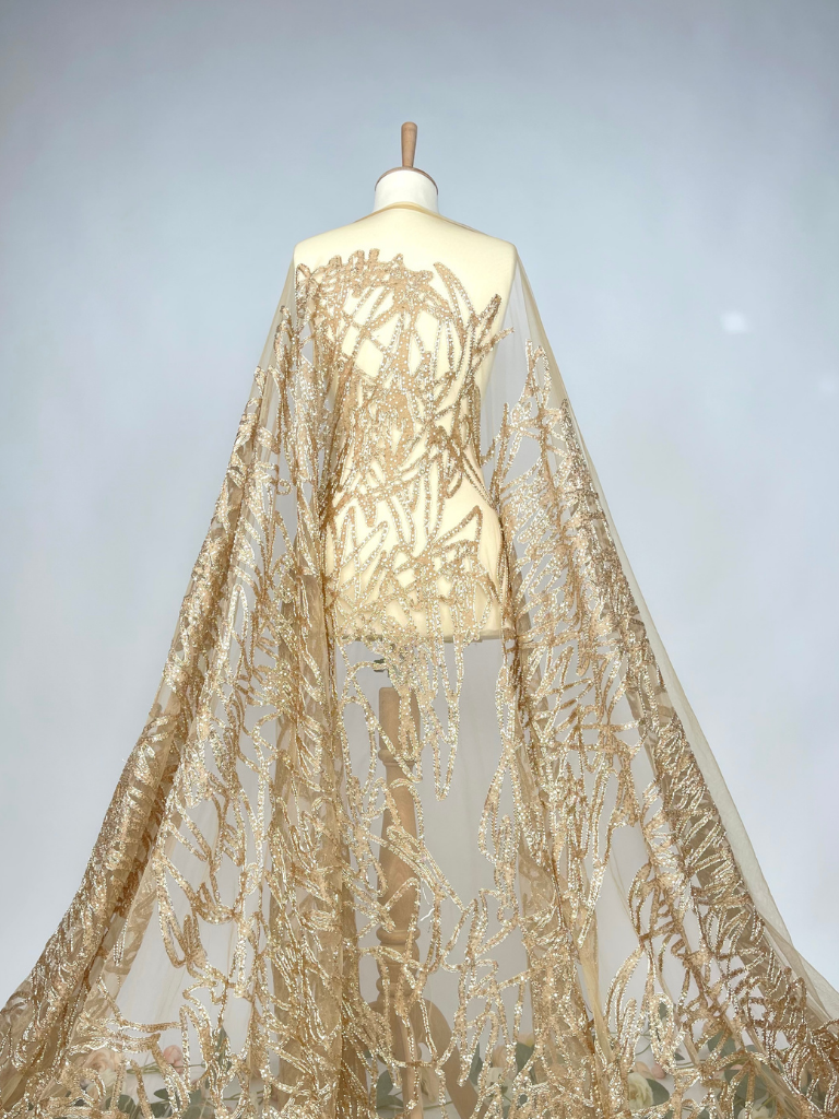 23-3444_02 Golden Tulle fabric with double cord embroidery and subtle sequins - Image 1