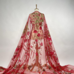 Red tulle with elegant floral embroidery for a stunning gown
