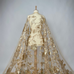 Tulle with golden floral embroidery and sequins