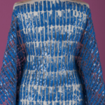 Tulle with shiny, blue and striped embroidery