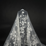 Vibrant off white floral-embroidered tulle for enchanting gowns