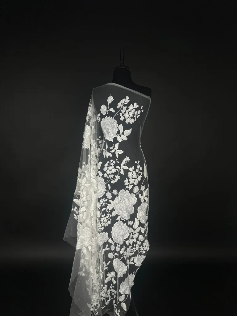 23-33930 White Blossom Elegance Tulle with stunning Floral Embroidery - Image 1