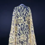 Golden and Blue Artisanal Tulle with Embroidery and Raffia Cord Detail