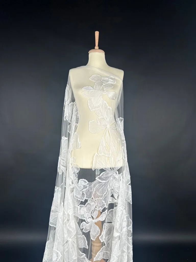 23-34090 White Blossom Tulle with Floral Embroidery - Image 1