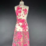 Bright Purplish - Red Floral Elegance Tulle with Embroidered Flowers