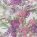 Transparent Bloom Tulle with Purple and Pink Floral Embroidery and 3D Flowers