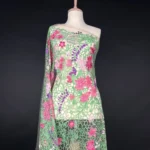 Transparent Tulle with pink and purple Floral Embroidery