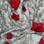 Red and silver hereal Bloom Tulle with Floral Embroidery