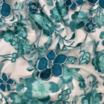 baby blue and green Tulle with Floral Embroidery