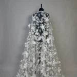 Off White Sequin and 3D Flower Embellished Tulle