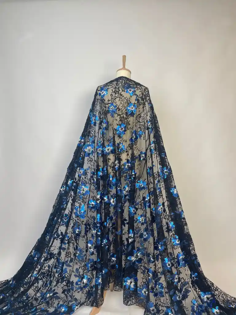 23-3690 Glamorous black lace with bold blue sequin flowers - Image 1
