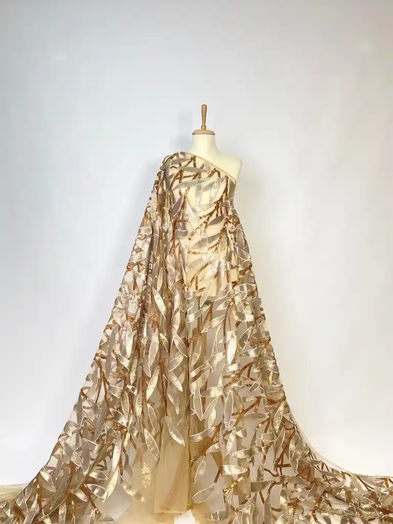 23-3706 Elegant nude tulle with a sparkling sequin leaf pattern - Image 1