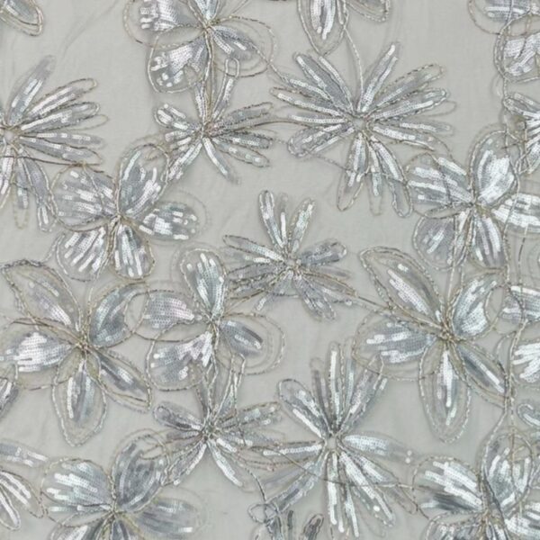 Light Silver tulle fabric adorned with floral embroidery
