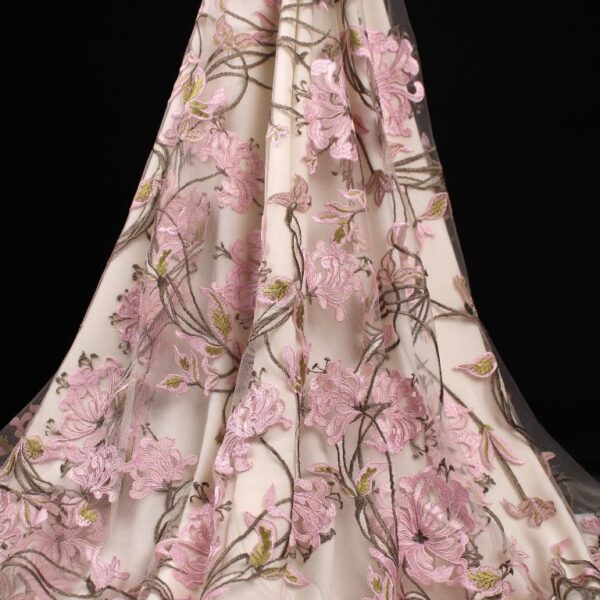 Pink Tulle adorned with Floral Embroidery