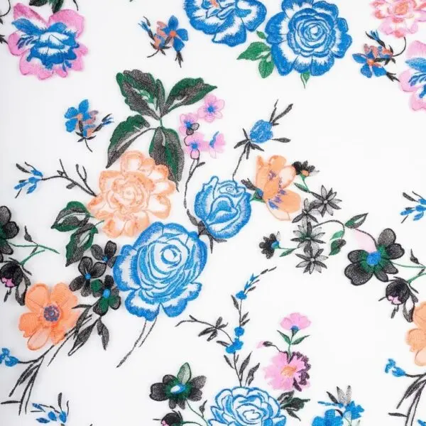 Blue, Purple and Orange Tulle adorned with floral embroidery