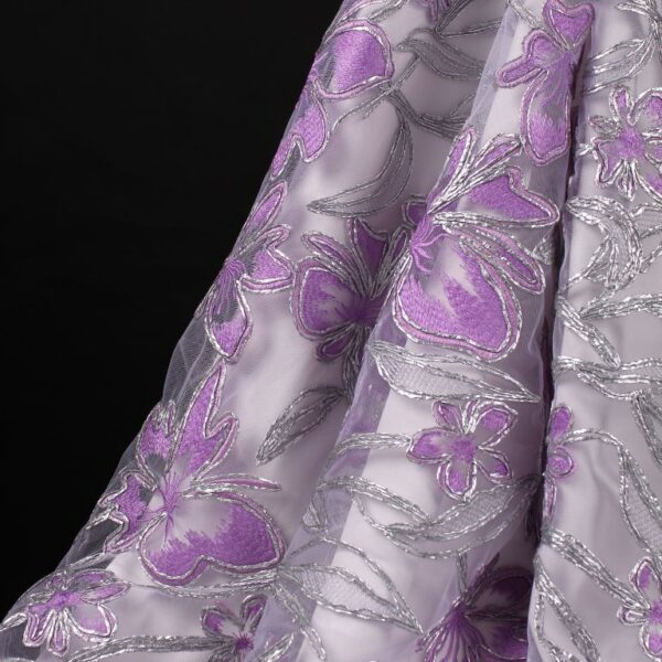 Transparent Tulle fabric with Massive Purple Floral embroidery