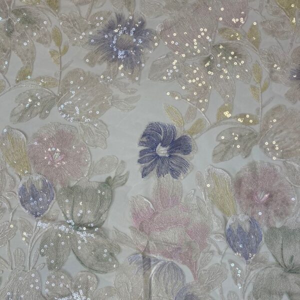Pink, Purple and yellow Tulle adorned with stunning embroidery