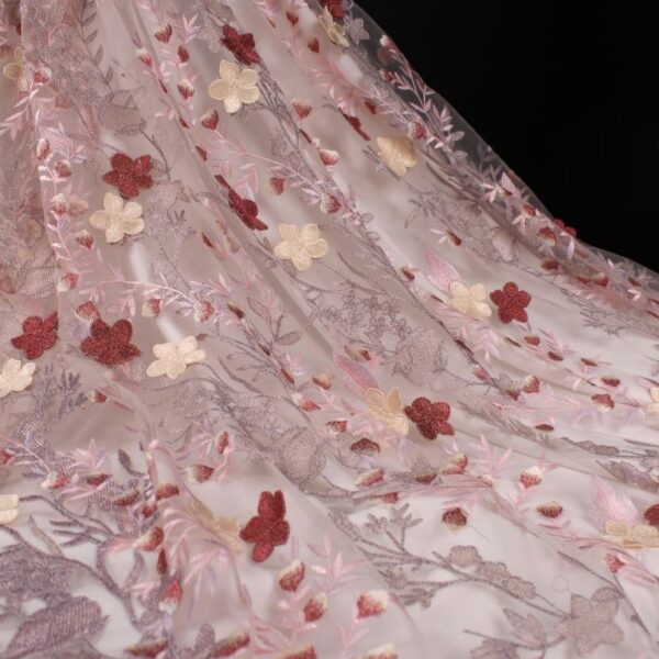 Red, Yellow and Grey Tulle adorned with Floral Embroidery