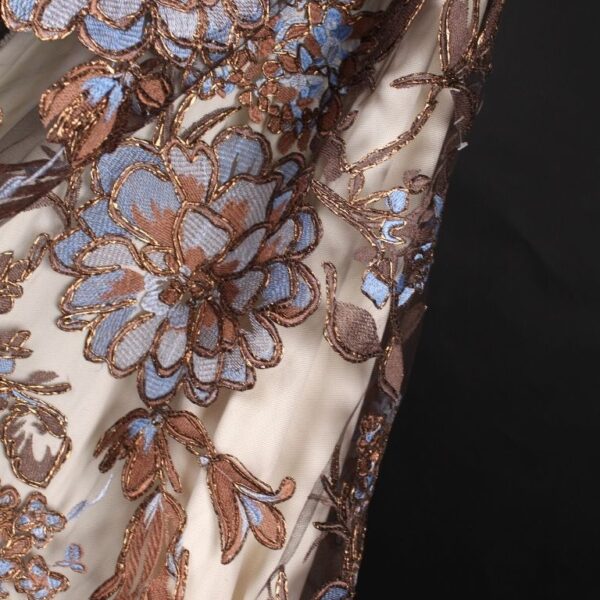 Blue and Antique Bronze tulle with floral Embroidery