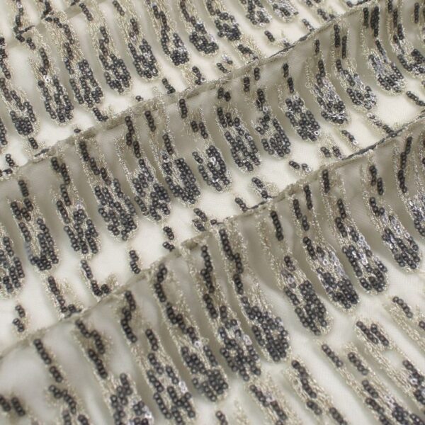 Silver Tulle fabric with shiny, striped embroidery