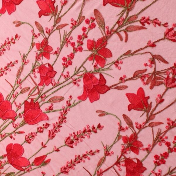 Red tulle fabric with elegant FLORAL embroidery for a stunning gown