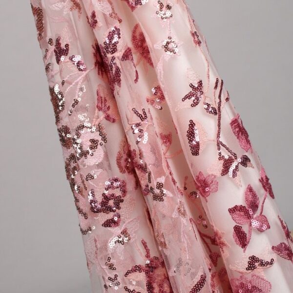 Pink Tulle Fabric with embroidered flowers and subtle sequins