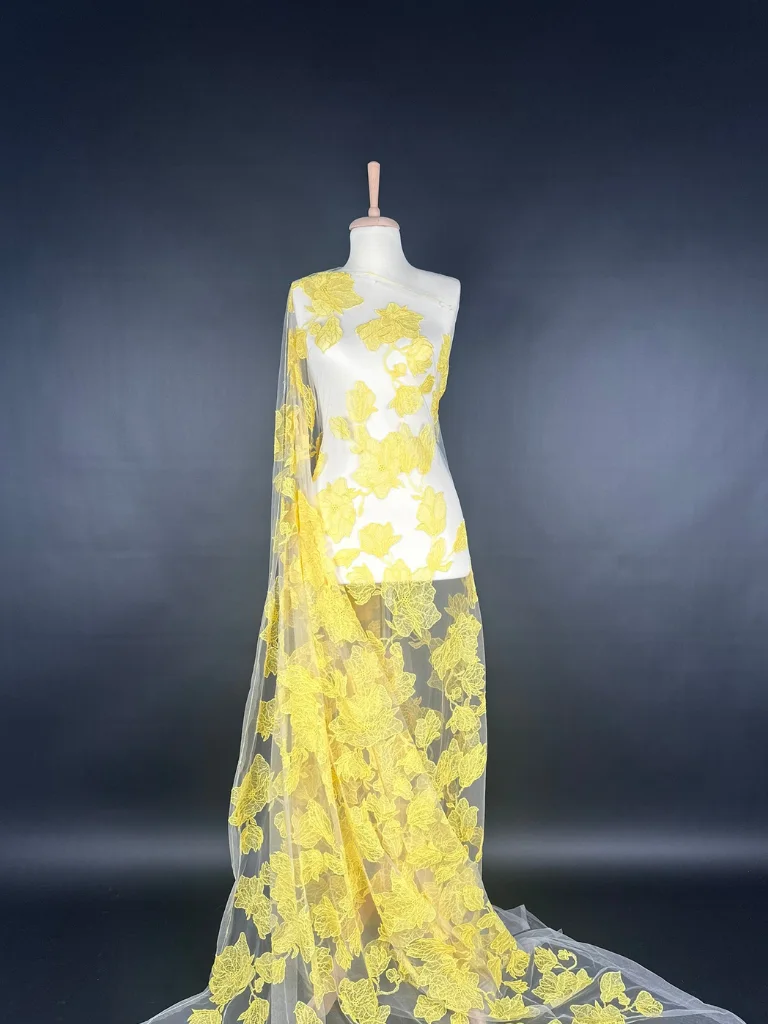 23-34380 Bright Yellow Floral Harmony Tulle with Embroidered Flowers - Image 1